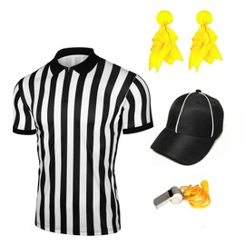 REU GLOBAL White and Black Stripe Referee shirt set for Men and women, Adult Zipper Collar Referee Costume for Basketball, Football, and Socce （M）
