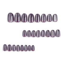 Short Press on Nails Cat Eye Fake Nails Oval Artificial Nails Press ons Glossy Glue on Nails Dark Purple Acrylic Nails Glitter False Nails Reusable Stick on Nails for Women 24 Pcs