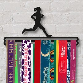Medal Hanger Display | FEMALE RUNNER | Double Bar | Black Metal | Wall Mounted Running Medal Holder | Made in Britain