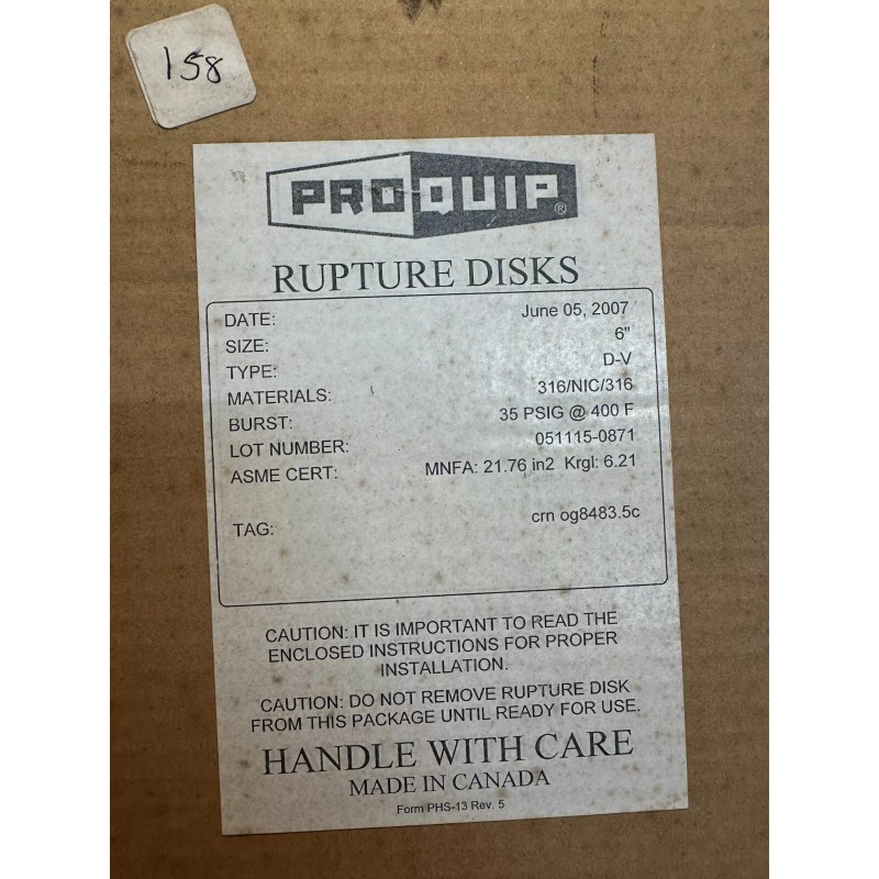 ZOOK PRO-QUIP 6" TYPE D-V, RUPTURE DISC 316/NIC/316,35 PSIG @