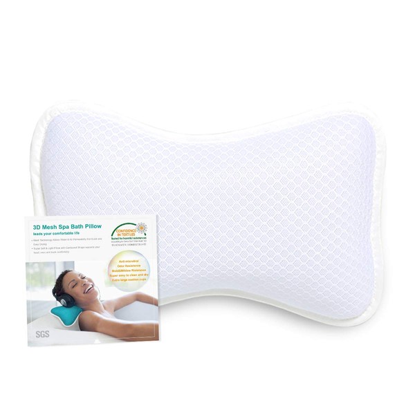 Coastacloud Bath Pillow with Suction Cups, Supports Neck and Shoulders Home Spa Pillows for Bathtub, Hot Tub, Tub Pillows Rest Portable, Relaxing & Comfortable - White