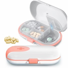 Organizador De Pastilla, Pastillero, Cortador De Pastilla Con 4 Compartimentos, Cuchilla Incorporada,Práctico Pastillero De Viaje Cortador De PíLdoras Y Tabletas (Rosa)