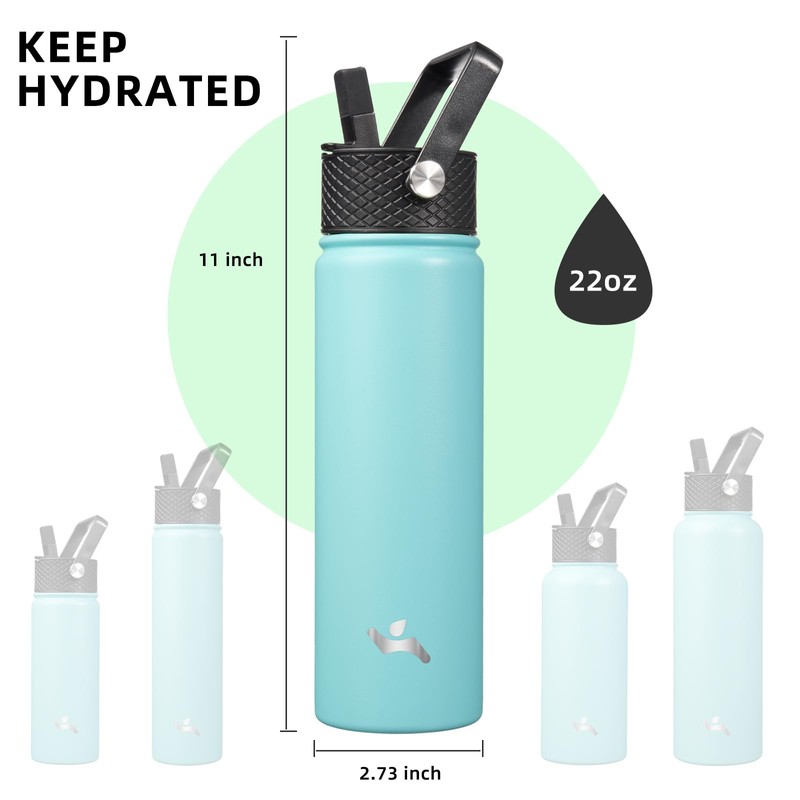 Konokyo 22oz Stainless Steel Bottles with 3 Lids Sport Insulated
