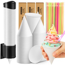 Roshtia 600 Pcs 4 oz Paper Snow Cone Cups with 600 Pcs Straw Spoon and Cups Dispenser Thicken Disposable Cone Cup Pull Type Wall Mount for Restaurants Home Office and Shaved Ice