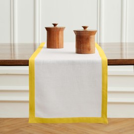 Solino Home Linen Table Runner 36 Inches - 100% Pure Linen Sunshine Yellow and White Small Table Runner 14 x 36 Inch Ideal for Dresser and Coffee Tables - Summer - Classic
