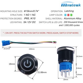 mxuteuk 19mm Waterproof Latching Push Button Switch 12V ON/Off Switch 1NO 1NC SPDT Black Metal with Blue Power Symbol Light with Wire Suitable for 3/4" Mounting Hole for Car Marine RV L-19-POWER-B-BU