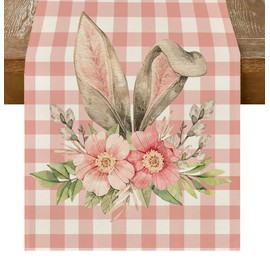 RABUSOFA Easter Table Runner 72 Inch Long,Pink Buffalo Plaid Bunny Ears Flower Kitchen Dining Runner 13x72 Inch, Decoration Spring Indoor Outdoor Home Party(18-72)