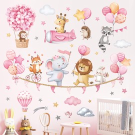 decalmile Pink Animal Hot Air Ballon Wall Decals Elephant Lion Giraffe Wall Stickers Daycare Girls Bedroom Baby Nursery Wall Decor
