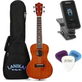 Lanikai MA-C Mahogany Ukulele Essentials Bundle - Concert, with Gig Bag, Clip-On Tuner, and Felt Picks
