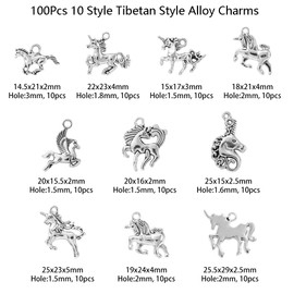 Ornazy 100pcs 10 Styles Antique Silver Pegasus Horse Charms Mythical Unicorn Animal Small Pendant Bulk Lot for Jewelry Making DIY Accessories