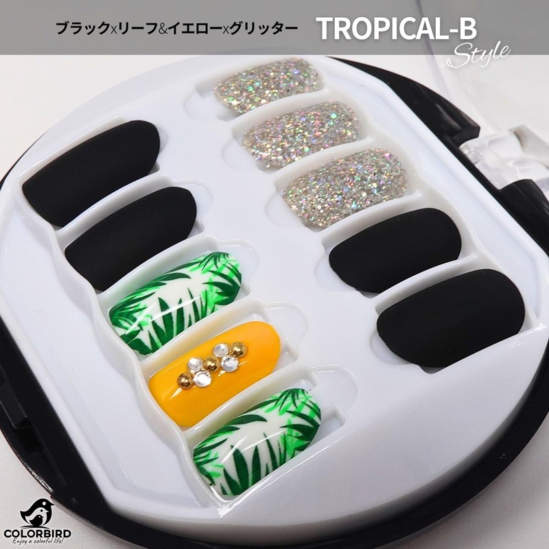 COLORBIRD NAILFAIRY (025ZF) Nail Tips, Short, Black, Green, Yellow, Cute,