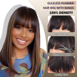 ManeMajesty Highlight Ombre Short Bob Wig with Bangs 18 inch Straight Wig with Bangs Glueless Non Lace Front Wig Machine Made Straight Bob Human Hair Wigs for Women Fs1b/30