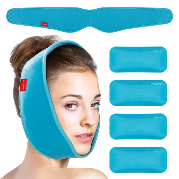 Comfytemp Face Ice Pack for TMJ Relief, Wisdom Teeth Recovery, Adjustable Ice Pack Head Wrap with 4 Reusable Hot & Cold Gel Packs, Pain Relief for Jaw, Chin, Oral and Facial Surgery, Dental Implants
