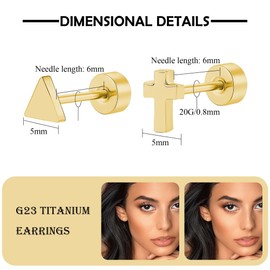 FACOKO Flat Back Earrings, 2 Pairs Women Earring Studs for Sensitive Ears, 14K Gold Plated Titanium Crosses Earrings for Multiple Pierced Ears, Screw Back Triangle Earring Men