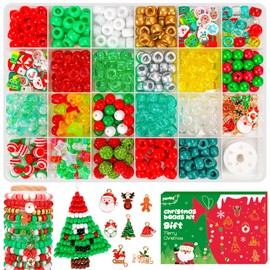 Christmas Pony Beads for Bracelet Making Kit with Christmas Decor Tree Snowflake Charms, Gold Red Green Assorted Beads Clay Beads Plastic Beads for Jewelry Necklace Making Crafts for Girls Kids Gifts