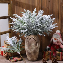 Wavwavw 12 Pcs Christmas Snowy Norfolk Pine Branches 18 Inch Snow Flocked Artificial Norfolk Pine Stems Christmas Tree Picks and Sprays Vase Filler Winter Fake Greenery Xmas Tree Pick for Home Wreath