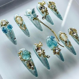 Luxury Press on Nails Long Almond Handmade 3D Unique Reusable ABS Material Fake Nails Light Blue Gothic False Nails with Designs Rhinestones Charms Glitter Glossy Glue on Thick Acrylic Nails(M)