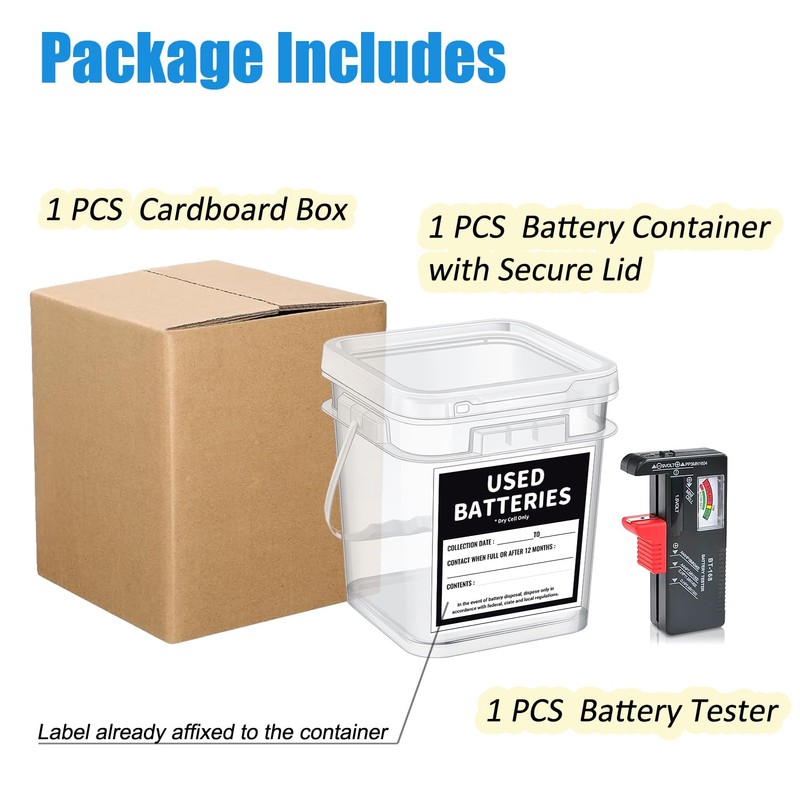 Battery Recycling Container with Battery Testers for Household Batteries, QHAND