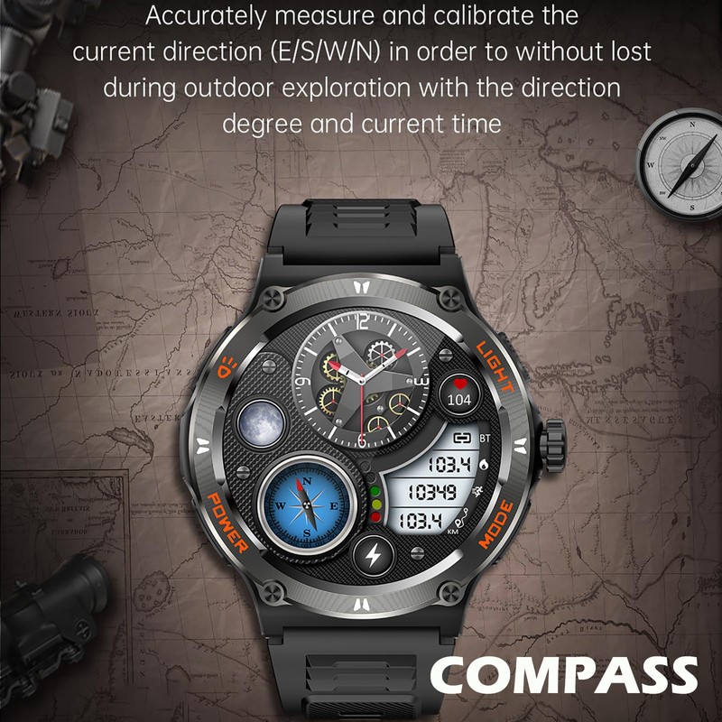 Smartwatch Compass Military Watch, Robust Smart Watch with LED Torch