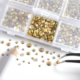 Beadsland 4300 Pieces Gold Flat Back Rhinestones Nail Stones Round Crystal Rhinestones for Crafts Mixed 6 Sizes with Picking Tweezers and Wax Pen Set SS6-SS20 Metal Gold