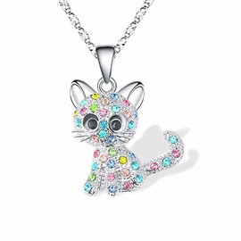 Cat Necklace for Woman Silver Rhinestone Stainless Steel Chain Charm Necklaces Friendship Dainty Cute for Girls Statement Cubic Zirconia Pendant Sister Colorful Necklaces Jewelry Gifts (Colorful)