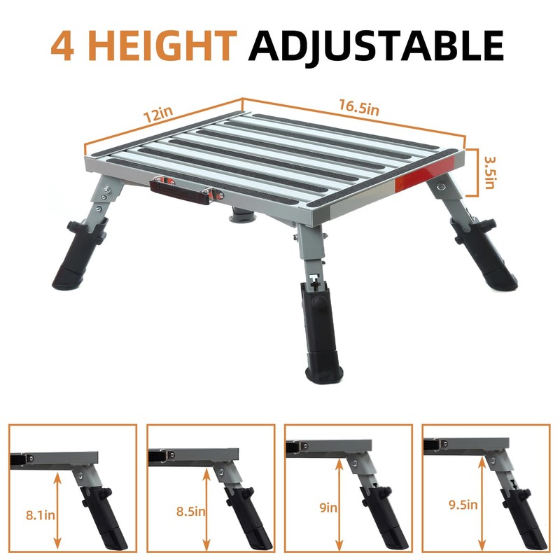 Homeon Wheels RV Step Stool, Adjustable Height Aluminum Folding Platform
