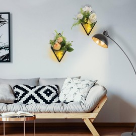 2 Set Wall Planters with LED Fairy Lights, Wall Mounted Hanging Glass Vase with Remote Control, Black Frame Decorative Wall Sconces with Artifical Rose Flower for Modern Home Decor, Transparent