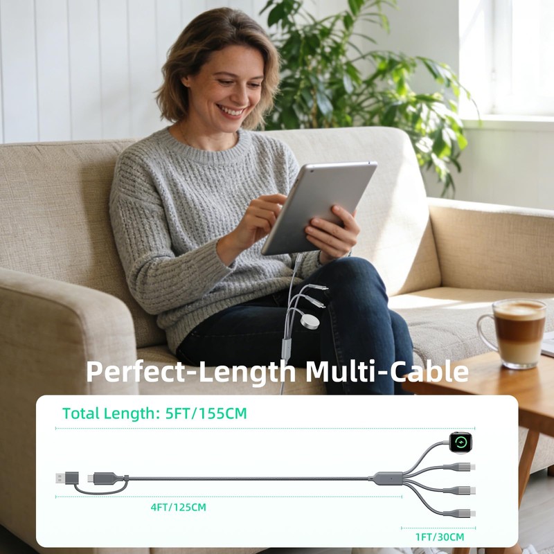 A-Pce 4-in-2 Multi Charging Cable with Smartwatch Charging, Grey-5FT
