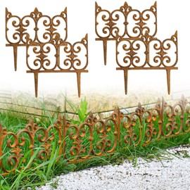 Sungmor Decorative Cast Iron Garden Edging, 4 Pack Full Rusted Victorian Garden Edging Landscape Border, Vintage Metal Yard Stake Low Picket Fence, 10.6" Tall Outdoor Flower Bed Lawn Fence Panels