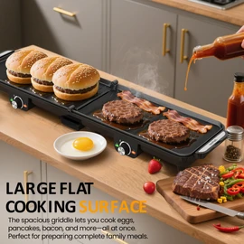 Sunvivi Electric Griddle Flat Grill: Indoor Grill with 2 Adjustable Temp Knobs, Nonstick Cooking Plate, Large Grill Pan with Drip Tray, 2 Cooking Zone (17.5'' x 9''), Easy to Clean