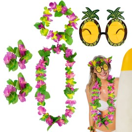Hawaiian Leis Chain Set, 5 Pieces Luau Flower Garland Necklace Pineapple Sunglasses Headbands Bracelets, Colourful Ruffle Flowers, Tropical Summer Theme Dress Party Decorations, Beach Holiday Birthday