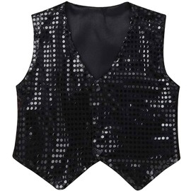 TACKTIMES Kids Boys Girls Sequined Waistcoat Dance Hip Hop Stage Performance Party Costume Vests Jacket (Black, 10-12)
