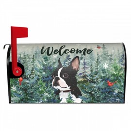 DZGlobal Welcome Winter Mailbox Covers Boston Terrier Mail Box Cover Magnetic Standard Size 18 x 21 Dog on Holiday Mailbox Cover Cardinal Birds on Pine Tree Snow Mailbox Wrap