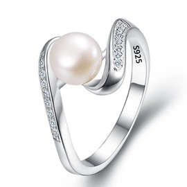 EleQueen 925 Sterling Silver CZ 7mm AAA Cream Freshwater Cultured Pearl Ribbon Bridal Cocktail Ring Size 6