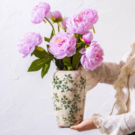 Vintage Pastoral Green and Beige Flower Vase, Ceramic Floral Vases, Retro Ice Cracked Chinoiserie Vase for Home Cottage Core Decor, Bookshelf, Office, Mantel, Wedding Rustic Table Centerpiece 8.5 Inch