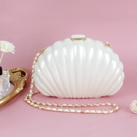 MEGAUK Ladies Seashell Purse Shell Wallet Sequined Shell Shape Chain Shoulder Bag Mini Glitter Party Clutch Pouch (07048 White)
