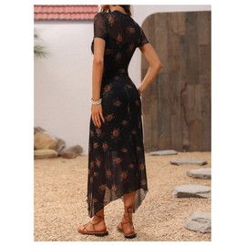 BEAUDRM Women's Floral Print Vintage Goth Dress Lettuce Trim Mesh Sheer Midi Dresses Asymmetrical Hem Flared A Line Dress Black Large