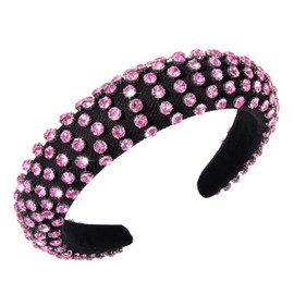 boderier Rhinestone Padded Headband Crystal Beads Embellished Wide Bejewelled Hairband Fashion Headbands Hair Accessories (Pink)