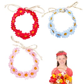 3Pcs Daisy Flower Headband, Multicolour Flower Hair Wreaths, Crown Boho Floral Headband, Festival Hair Accessories for Bridal Women Girls Beach Festival Wedding Party (Rose - Blue - Pink)
