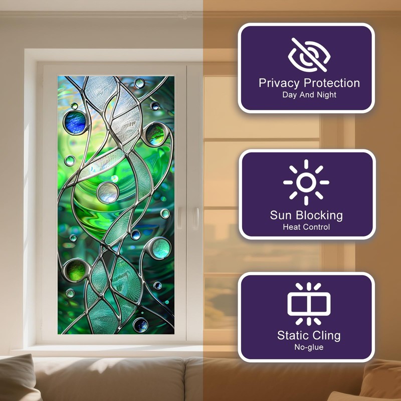 Privacy Window Film Stained Glass Window Blue Green Wave Decorative