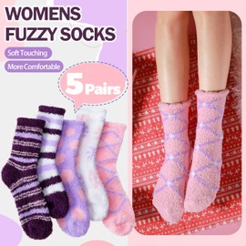 Womens Fuzzy Slipper Socks Warm Winter Thick Fluffy Cozy Crew Cabin Christmas Gift Stocking Stuffers for Women Fleece Soft Comfy Socks (Purple(5 Pairs))