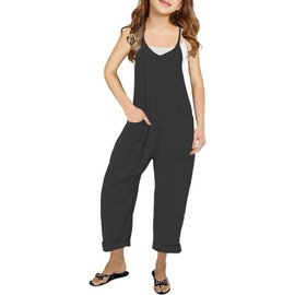 Bnycuml Girl's V Neck Sleeveless Jumpsuits Spaghetti Straps Harem Long Pants Rompers With Pockets (5-14 Years)