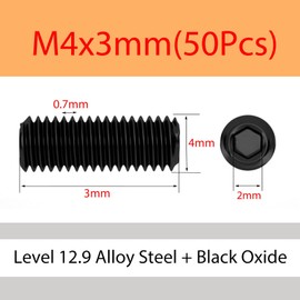 ORANXIN Hexagon Socket Grub Screws Level 12.9 Alloy Steel Trophy Point Hex Headless Set Screws Allen Button M4 x 3 mm Pack of 50