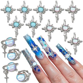 RODAKY 3D Alloy Eye Nail Charms for Acrylic Nails 14PCS Silver Cross Nail Art Charm with Rhinestones Y2K Nail Jewels Diamonds Supplies for Manicure DIY Nail Art Decor Accessories