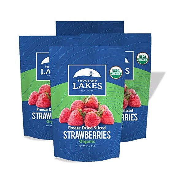 Thousand Lakes Freeze Dried Fruits and Vegetables - ORGANIC Strawberries 4-pack 1.1 ounces (4.4 ounces total) | No Sugar Added | 100% Sliced Organic Strawberries