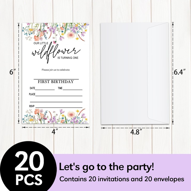 1st Wildflower Birthday Invitations with Envelopes, 20 PCS Our Little