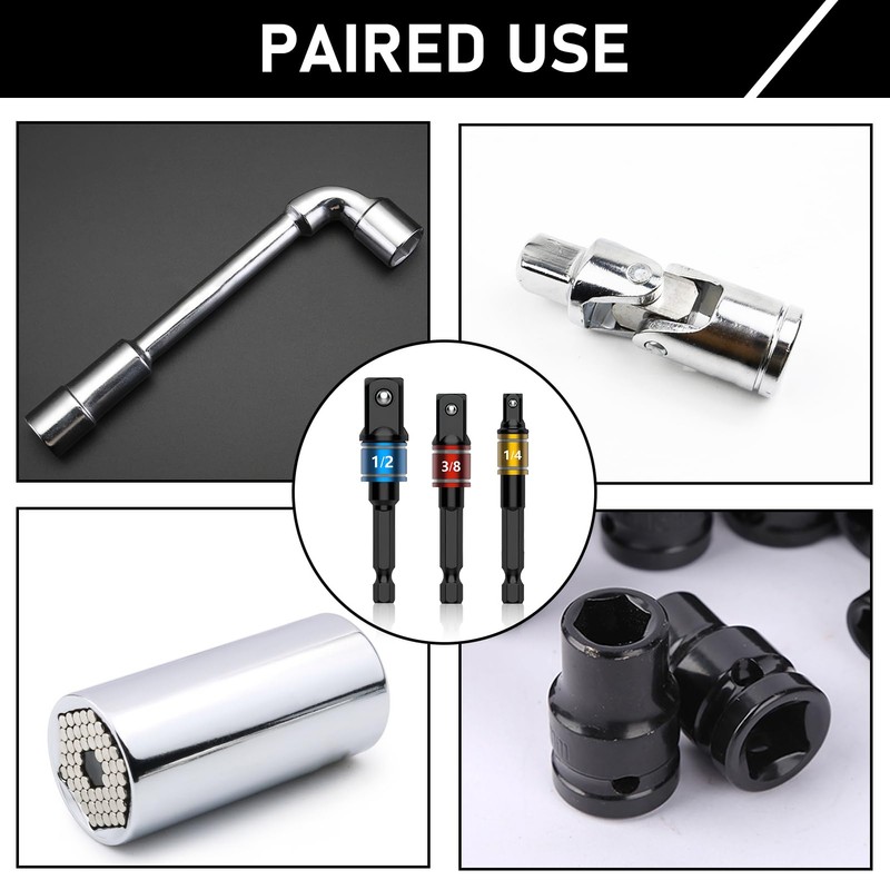 Impact Driver Socket Adapter Set, Extension Bit 1/4, 3/8, 1/2