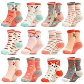 ARERWA Stopper Socks Children 12 Pairs Girls Non-Slip Socks Non-Slip Socks Kids Crew Socks for 1-7 Years Children and Girls, 03 Beet Rabbits, 3 - 5 years