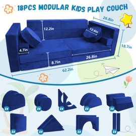 Kayfia 18PCS Modular Kids Play Couch, Kids Couch Building Fort for Playroom and Bedroom Furniture for Toddlers, Unlimited Creativity Sofa Convertible Play Fort (Blue)