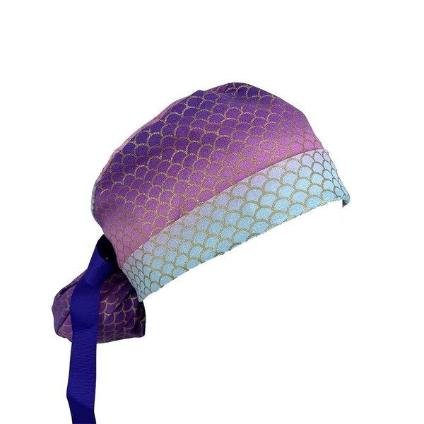 Turn Up Ponytail Medical Scrub Cap – Purple Mermaid Scales.